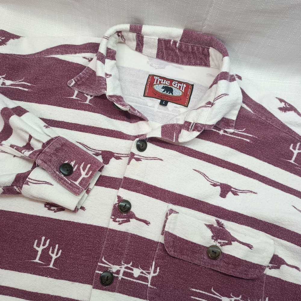 Vtg True Grit Shirt Men L Ivory Red Western Flannel Cotton 90s Made in USA Rodeo
